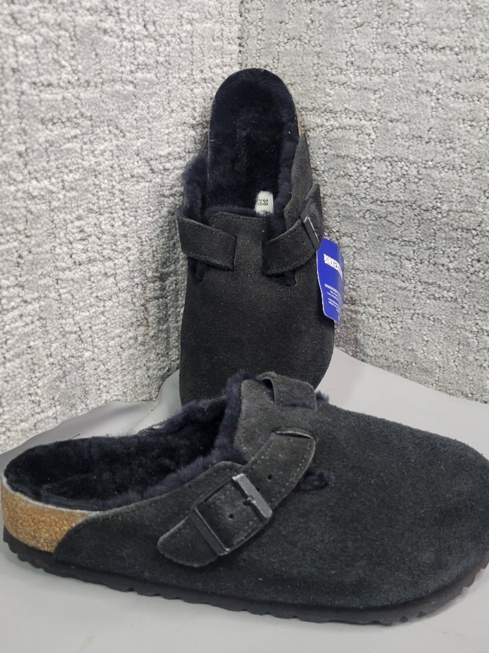 Birkenstock Boston Shearling Size 38 L7 M5 N US Black Suede Slip On Clog Shoes.